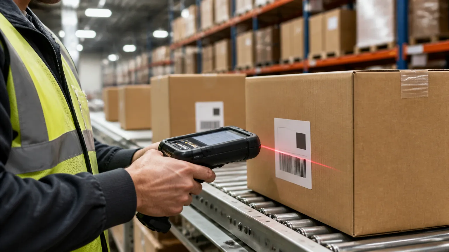 Operador escaneando encomendas integradas ao ERP para expedição em marketplace.