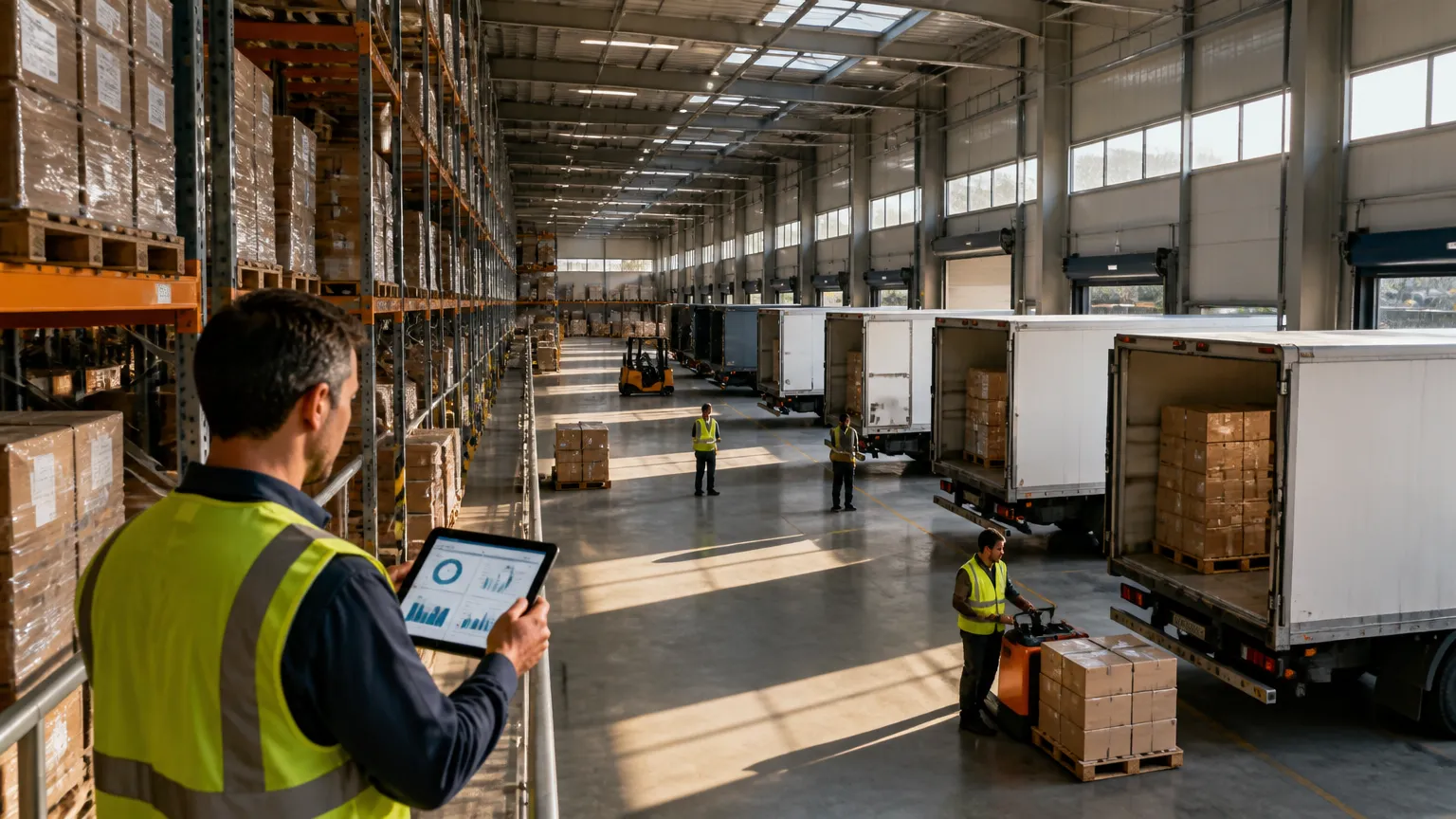 Fluxo logístico integrado conectando ERP e marketplaces no centro de distribuição.