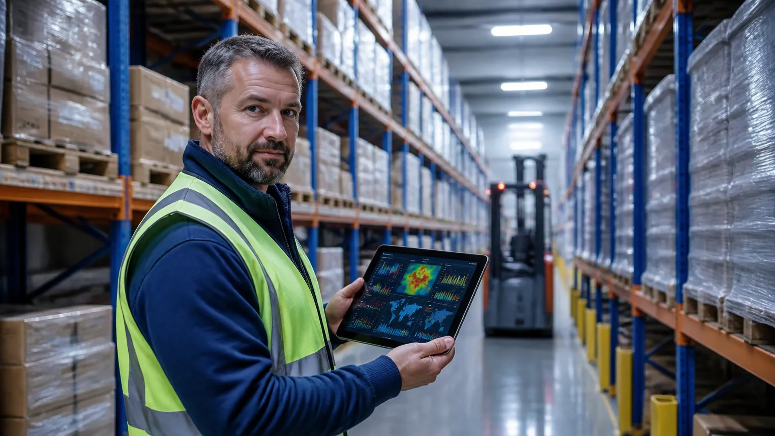 Gestor monitorando automação logística e estoque através de tablet em armazém inteligente.