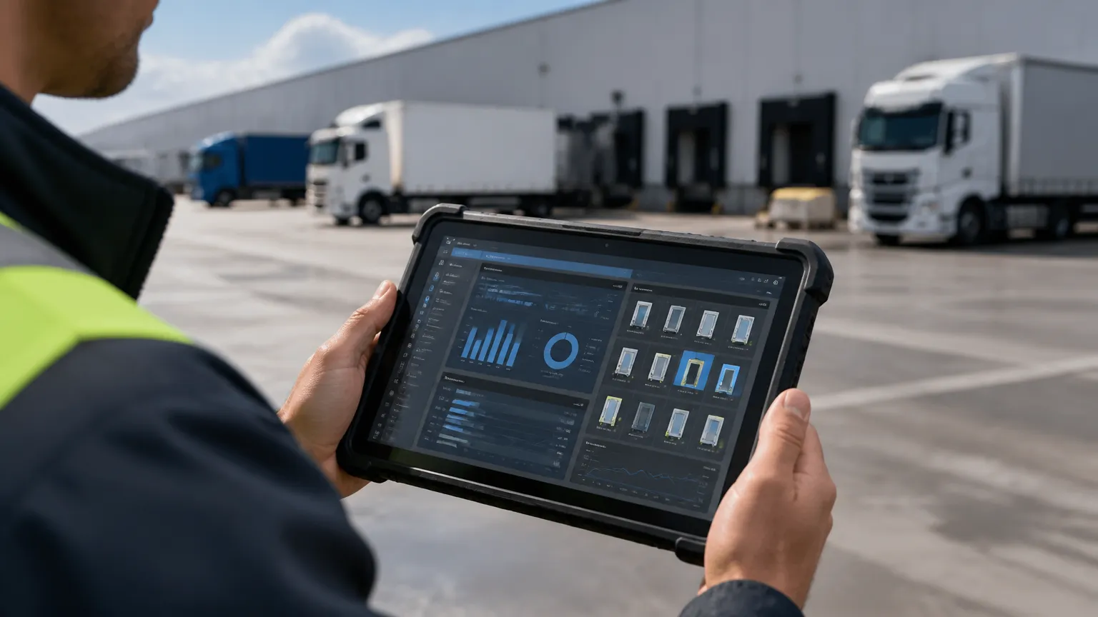Operador utilizando sistema em tablet para controle de pátios YMS e docas.