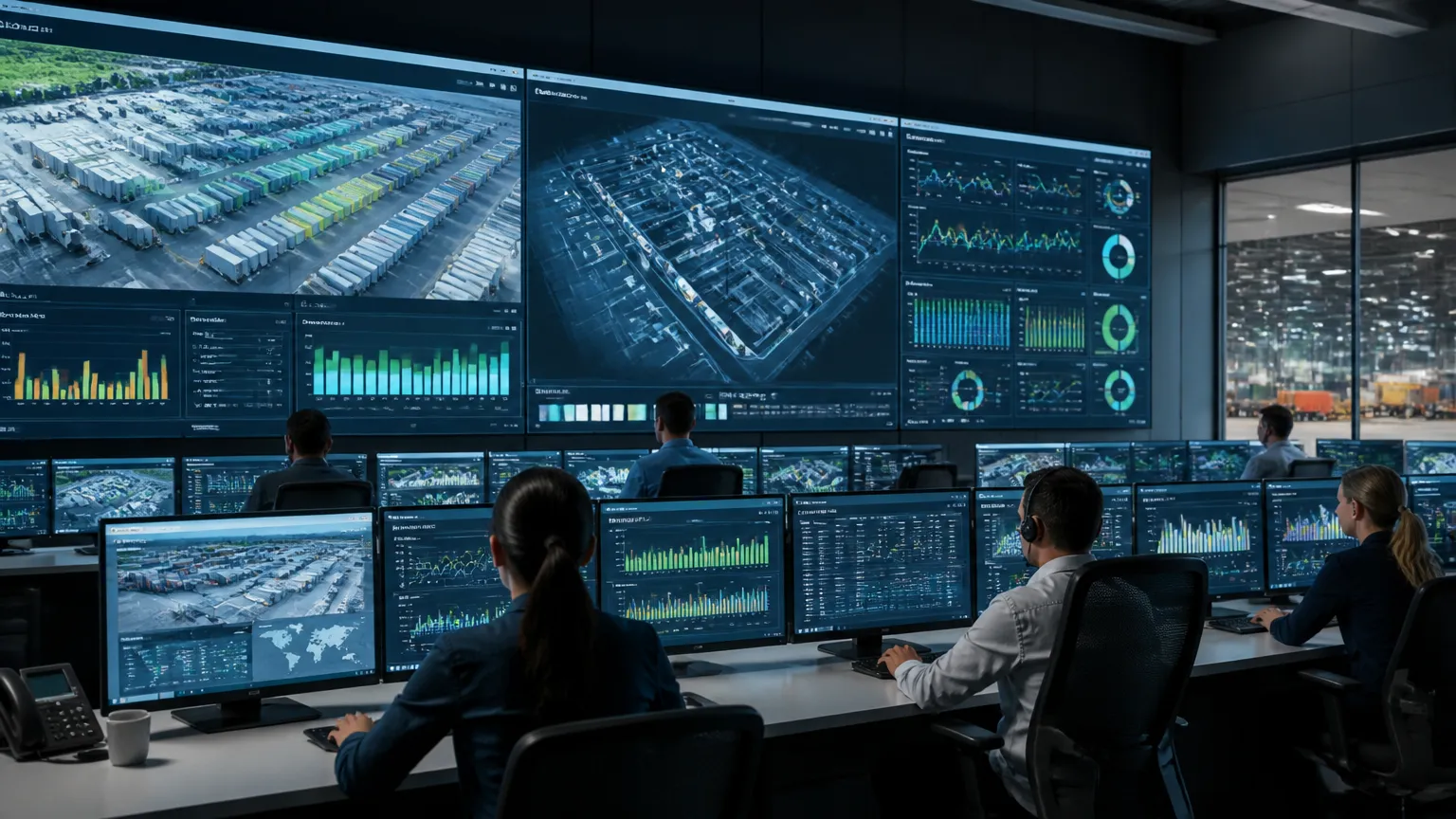 Central de controle com painéis digitais para automação logística e gestão de pátios.