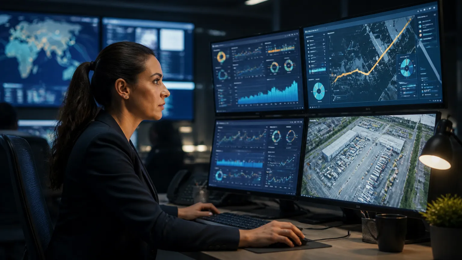 Central de monitoramento com dashboards para controle de gargalos logísticos operacionais.